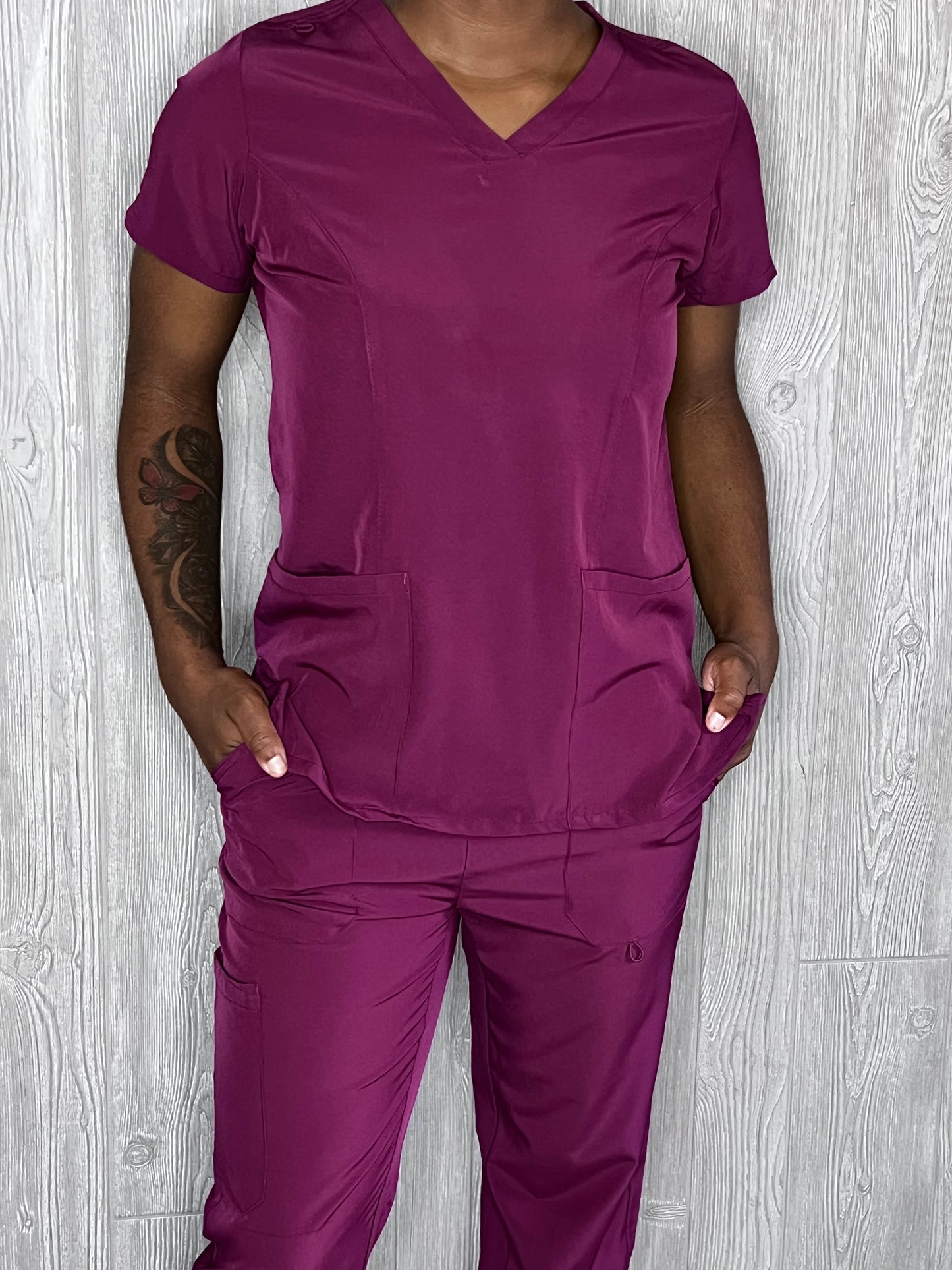 Wine 4 way stretch V neck scrub top