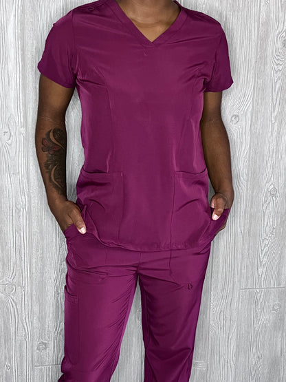 Wine 4 way stretch V neck scrub top