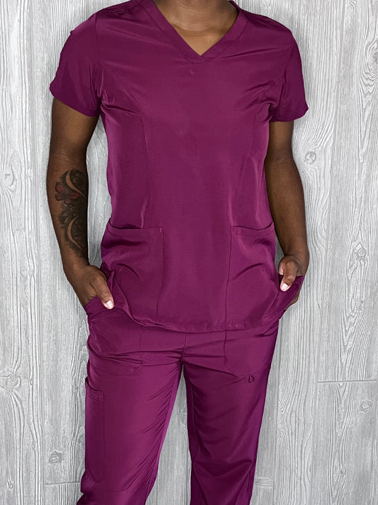 Wine 4 way stretch V neck scrub top