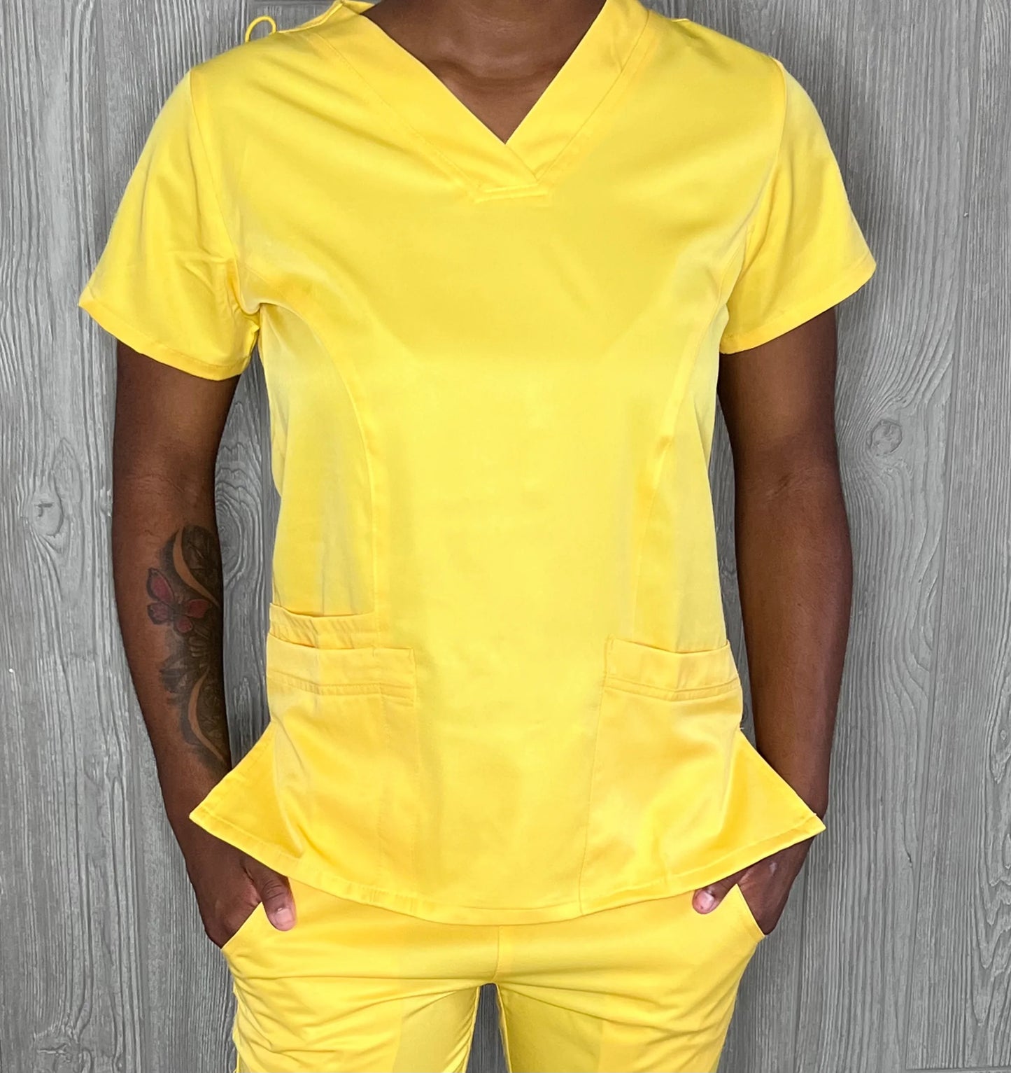 Yellow 4 way stretch V neck scrub top