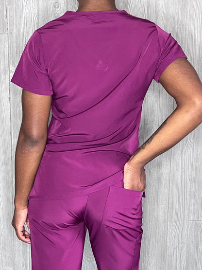 Wine 4 way stretch V neck scrub top