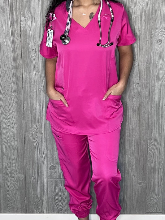 Shocking Pink 4 way stretch V neck scrub top